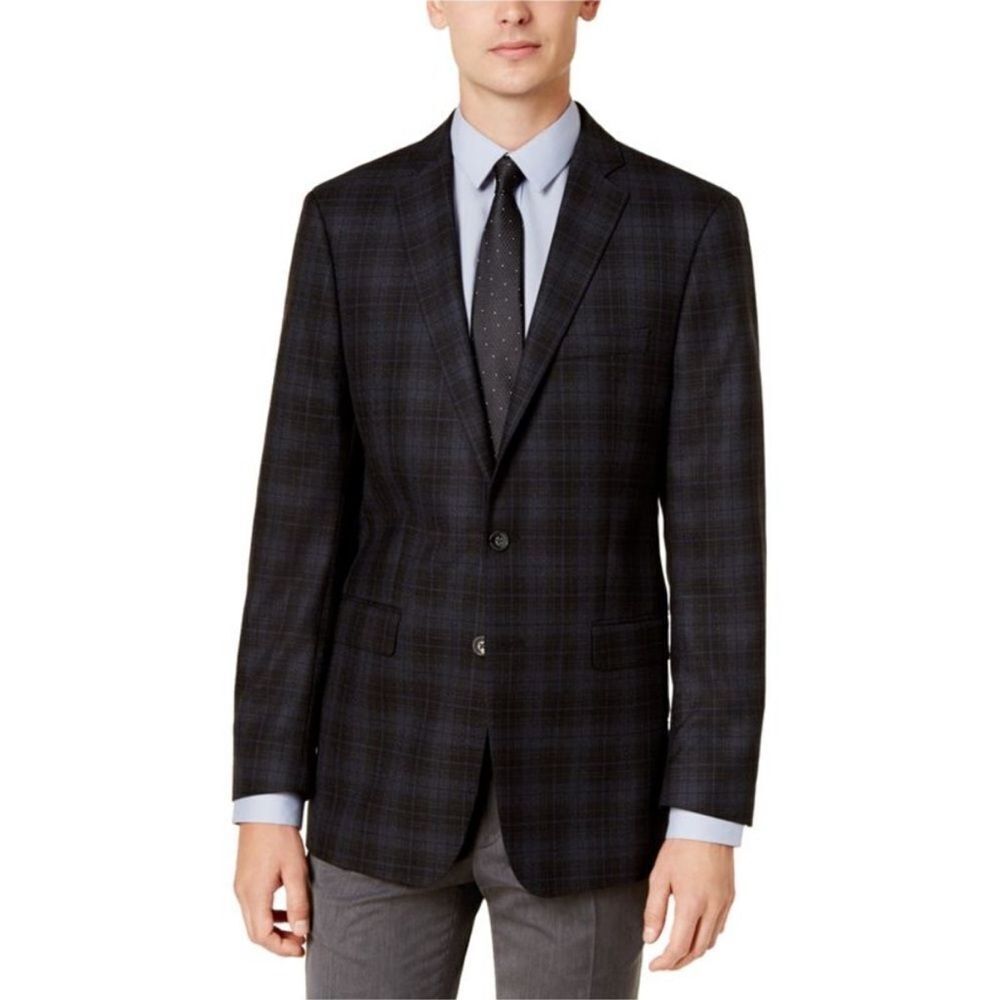 Calvin Klein Mens Plaid Two‎ Button Blazer Jacket, Black C36